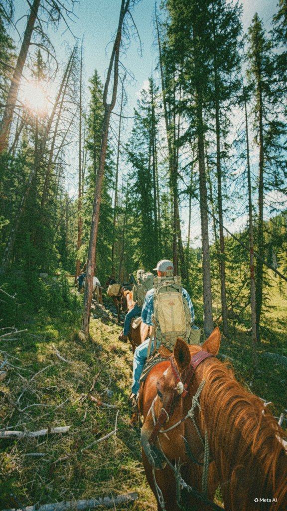 A group of horseback riders with backpacks traverse a sunlit forest trail, surrounded by tall trees and fallen logs in Grand County Colorado.