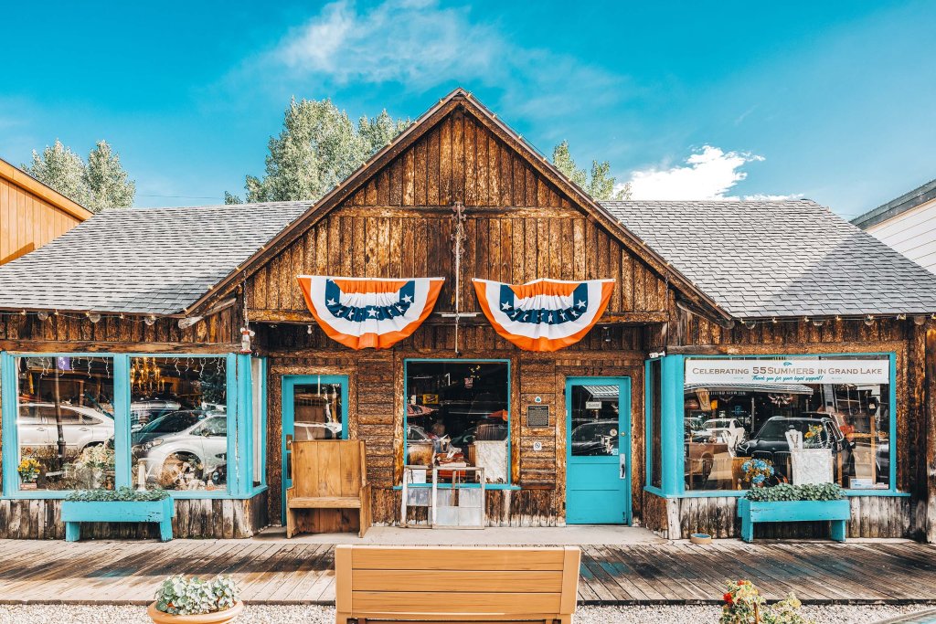 Historic storefronts and locally owned shops in downtown Grand Lake, Colorado.