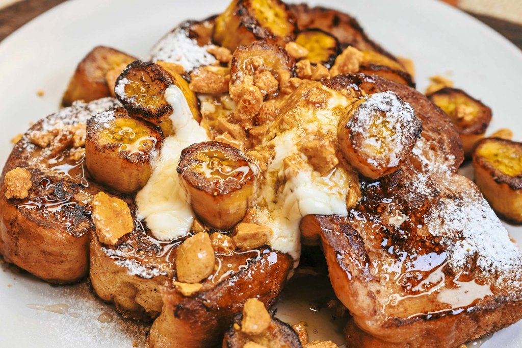 French toast with caramelized bananas at a breakfast stop in Grand Lake, Colorado.