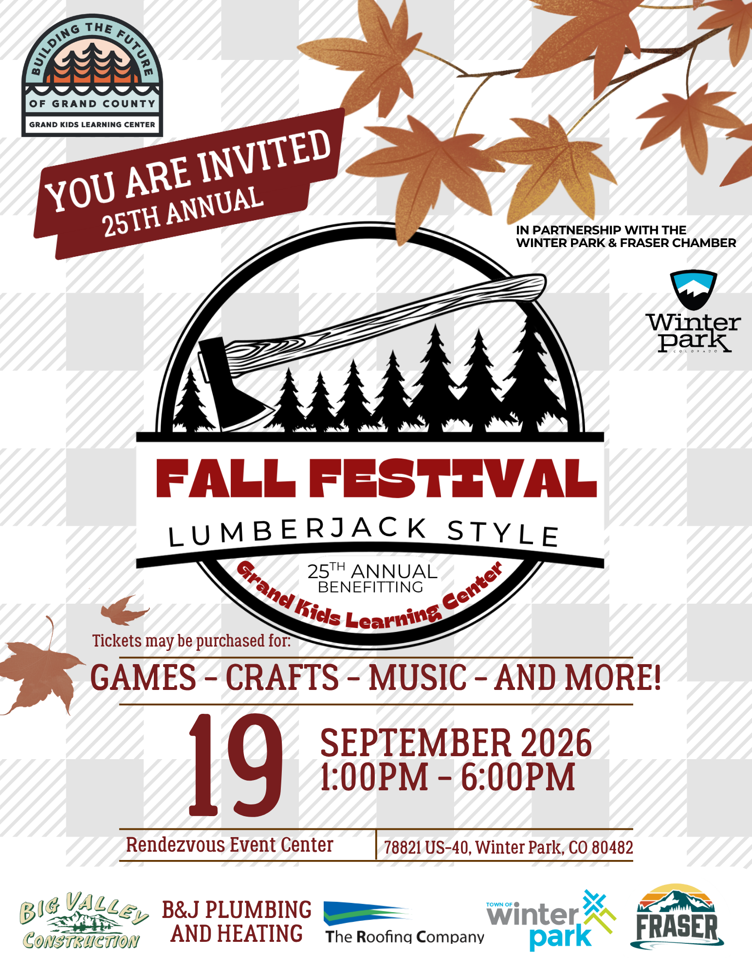 A flyer for the 25th annual lumberjack style fall festival in Winter Park, Colorado in Grand County Colorado.