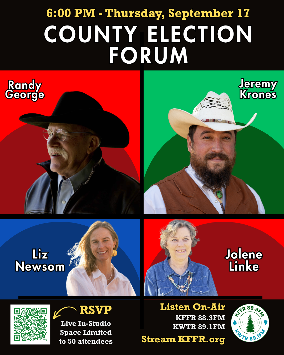 A flyer for a county election forum featuring four candidates and event details in Grand County Colorado.