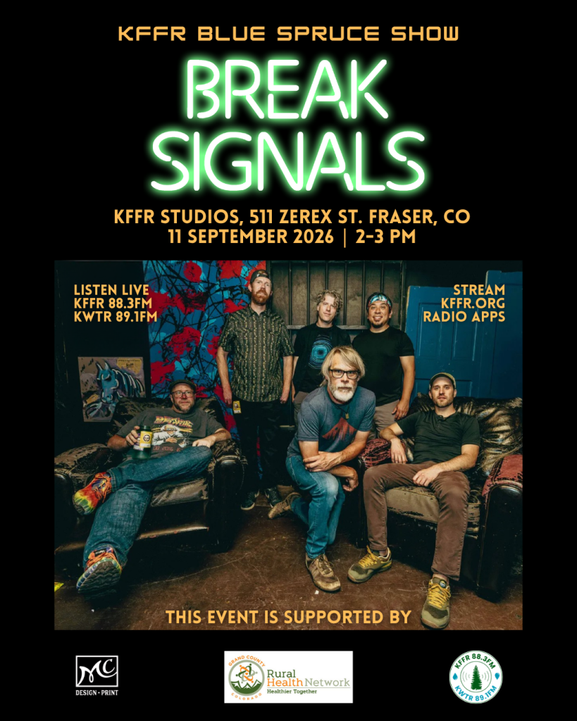 A promotional poster for a radio show featuring a band sitting on leather chairs in Grand County Colorado.