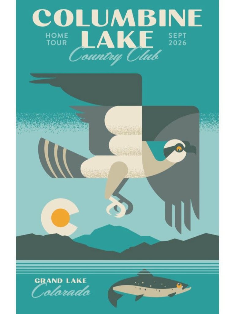 A stylized poster featuring an osprey flying over a lake with mountains in the background in Grand County Colorado.