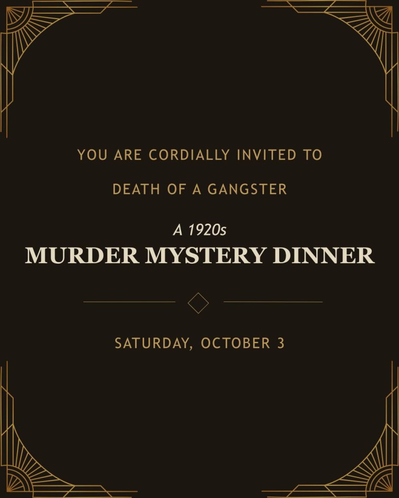 An art deco invitation for a 1920s themed murder mystery dinner party in Grand County Colorado.