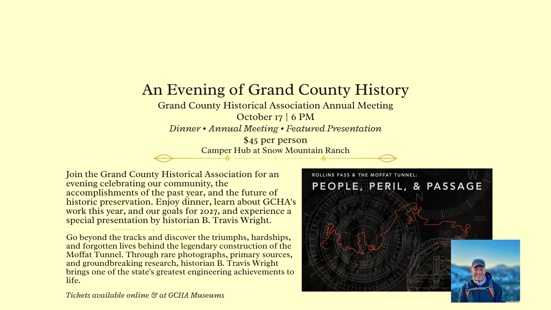 An event flyer for the Grand County Historical Association annual meeting featuring B. Travis Wright in Grand County Colorado.