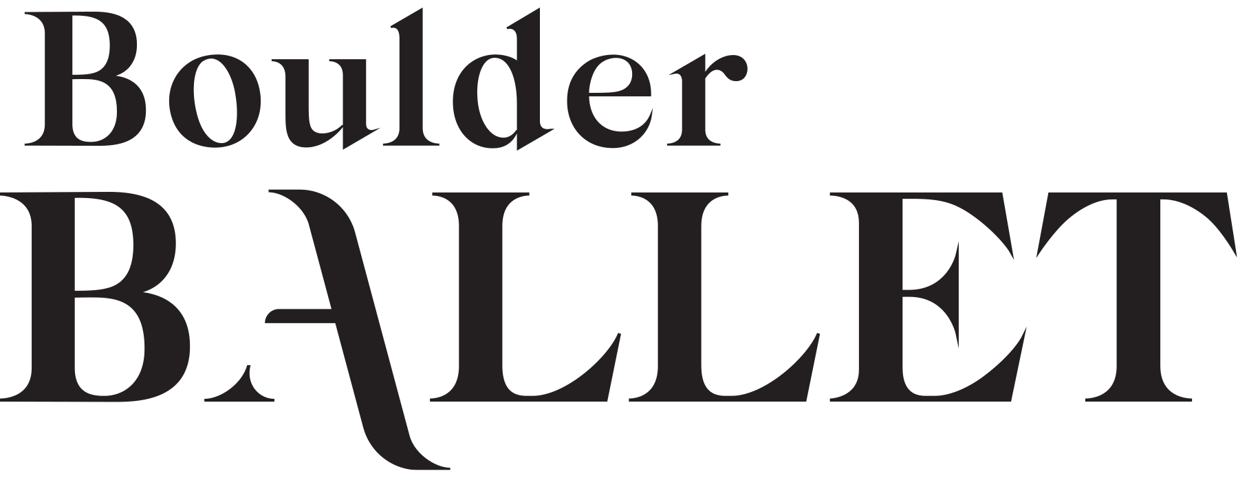 The text Boulder Ballet written in black serif font on a white background in Grand County Colorado.