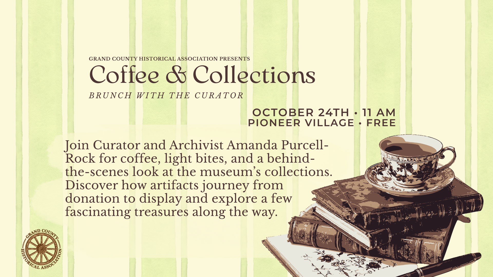 An event flyer for a Coffee and Collections brunch at a historical association in Grand County Colorado.