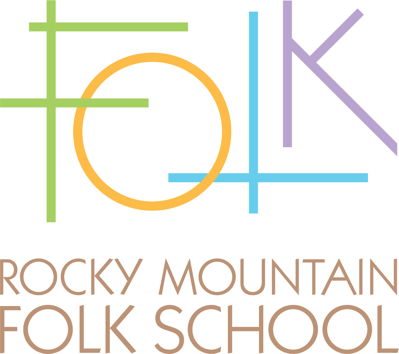 The logo for Rocky Mountain Folk School featuring colorful geometric letters spelling FOLK in Grand County Colorado.