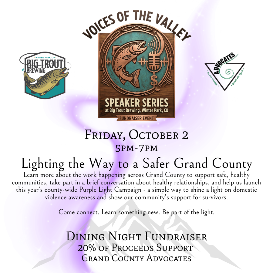 A flyer for a Voices of the Valley speaker series fundraiser at Big Trout Brewing in Grand County Colorado.
