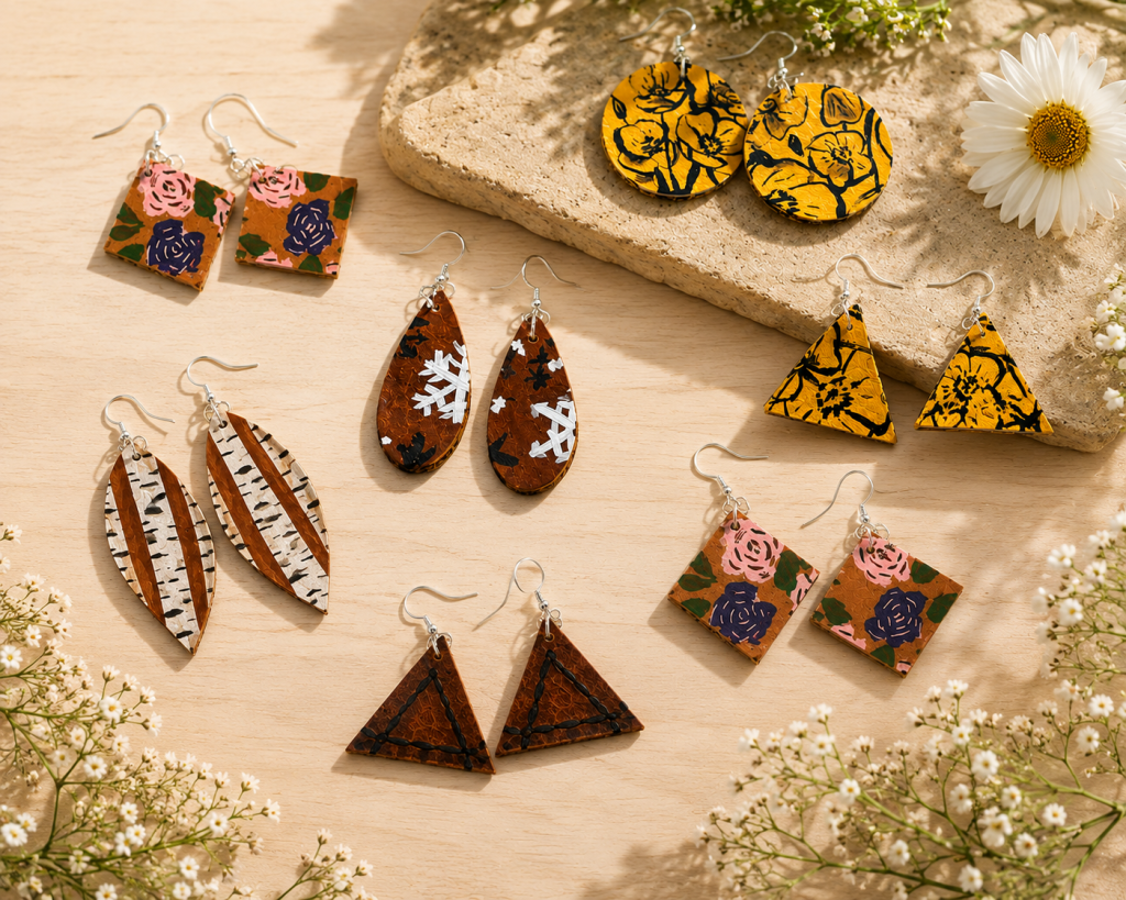 A collection of various patterned leather earrings arranged on a wooden surface with flowers in Grand County Colorado.