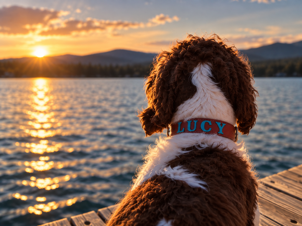 A brown and white dog named Lucy sits on a dock watching the sunset in Grand County Colorado.