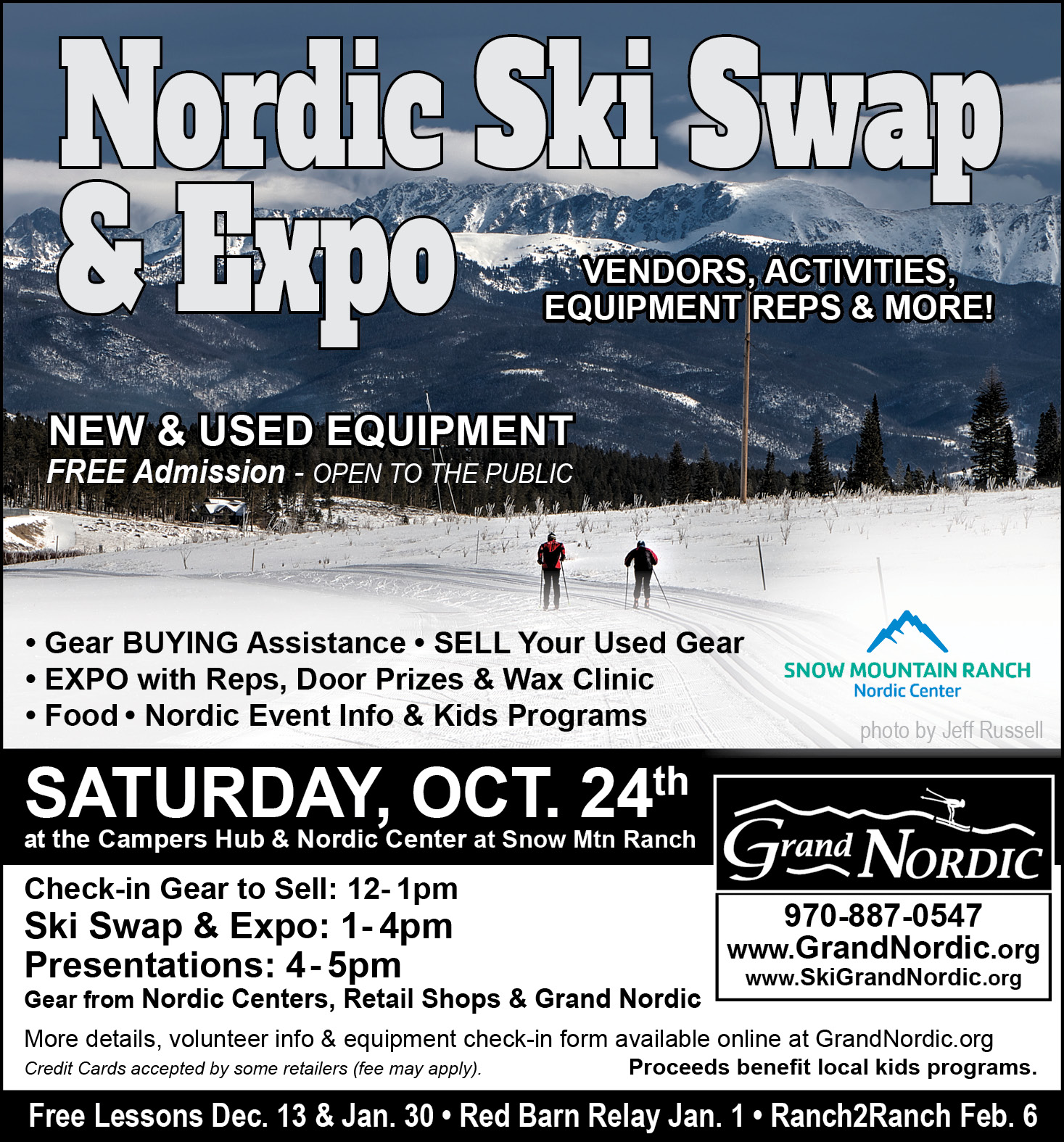 A flyer for a Nordic Ski Swap and Expo event at Snow Mountain Ranch in Grand County Colorado.