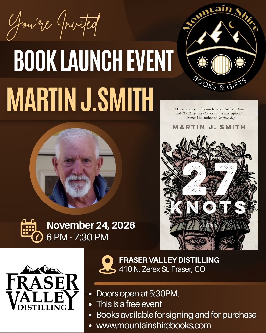 A flyer for a book launch event for author Martin J. Smith in Grand County Colorado.