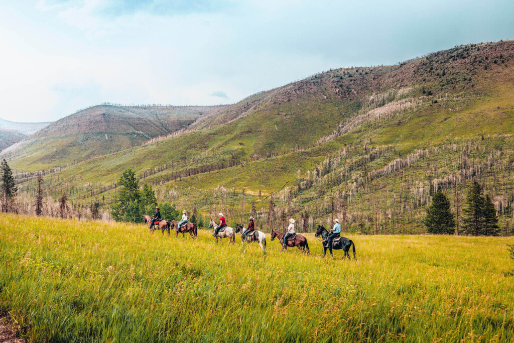 A group of people horseback riding through a grassy field near mountains in Grand County Colorado.