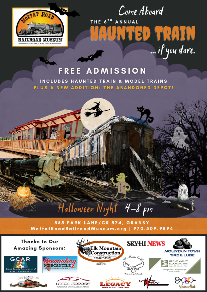 A promotional flyer for a haunted train event at the Moffat Road Railroad Museum in Grand County Colorado.