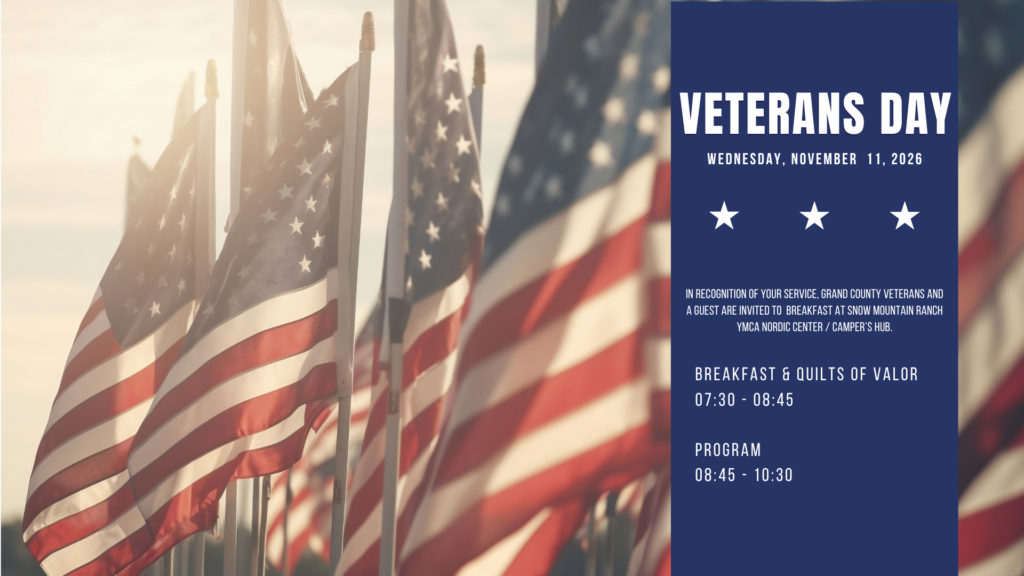 A Veterans Day event announcement featuring American flags and event details in Grand County Colorado.