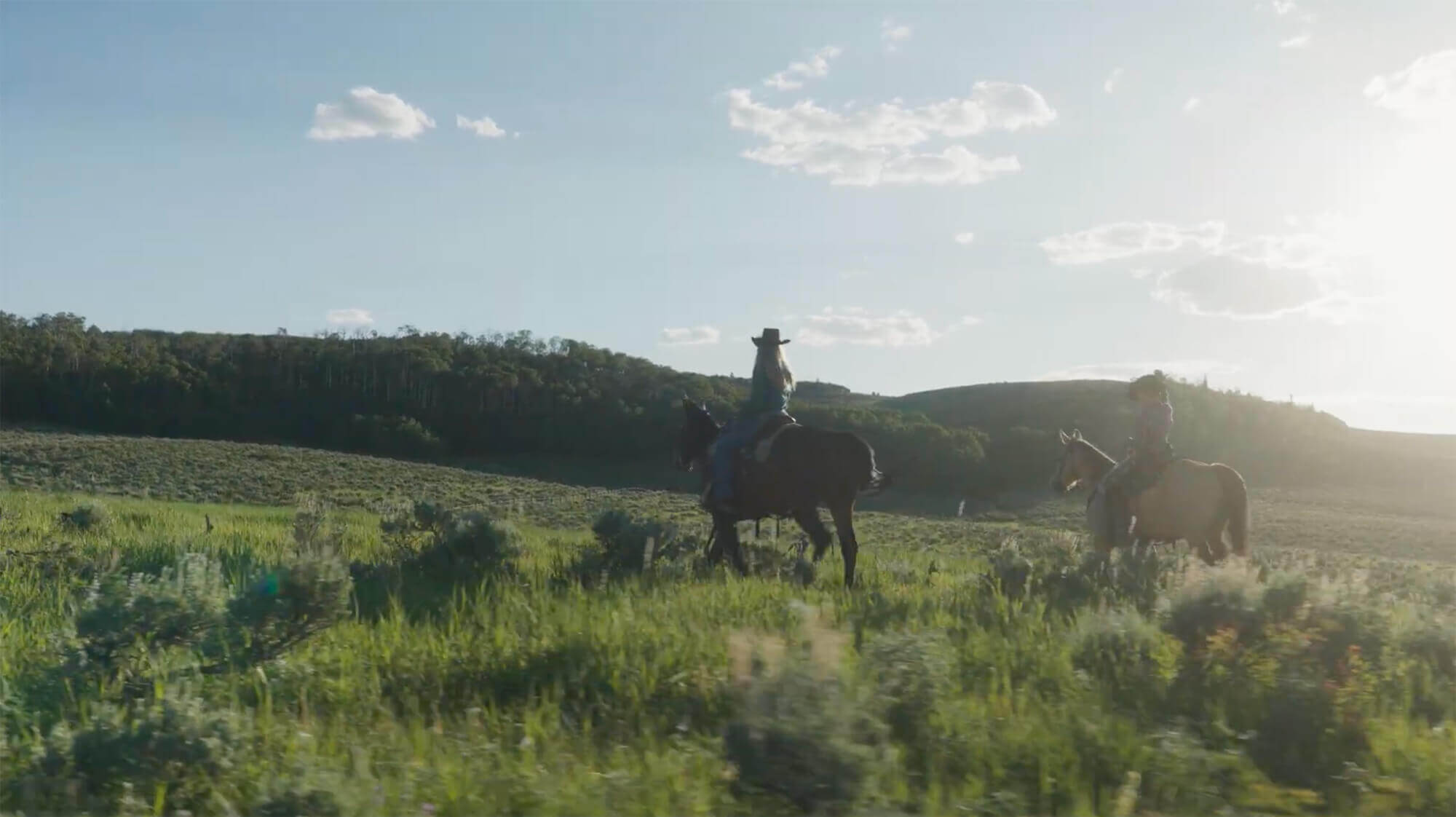 Two people riding horses through a grassy field during a sunny day in Grand County Colorado.